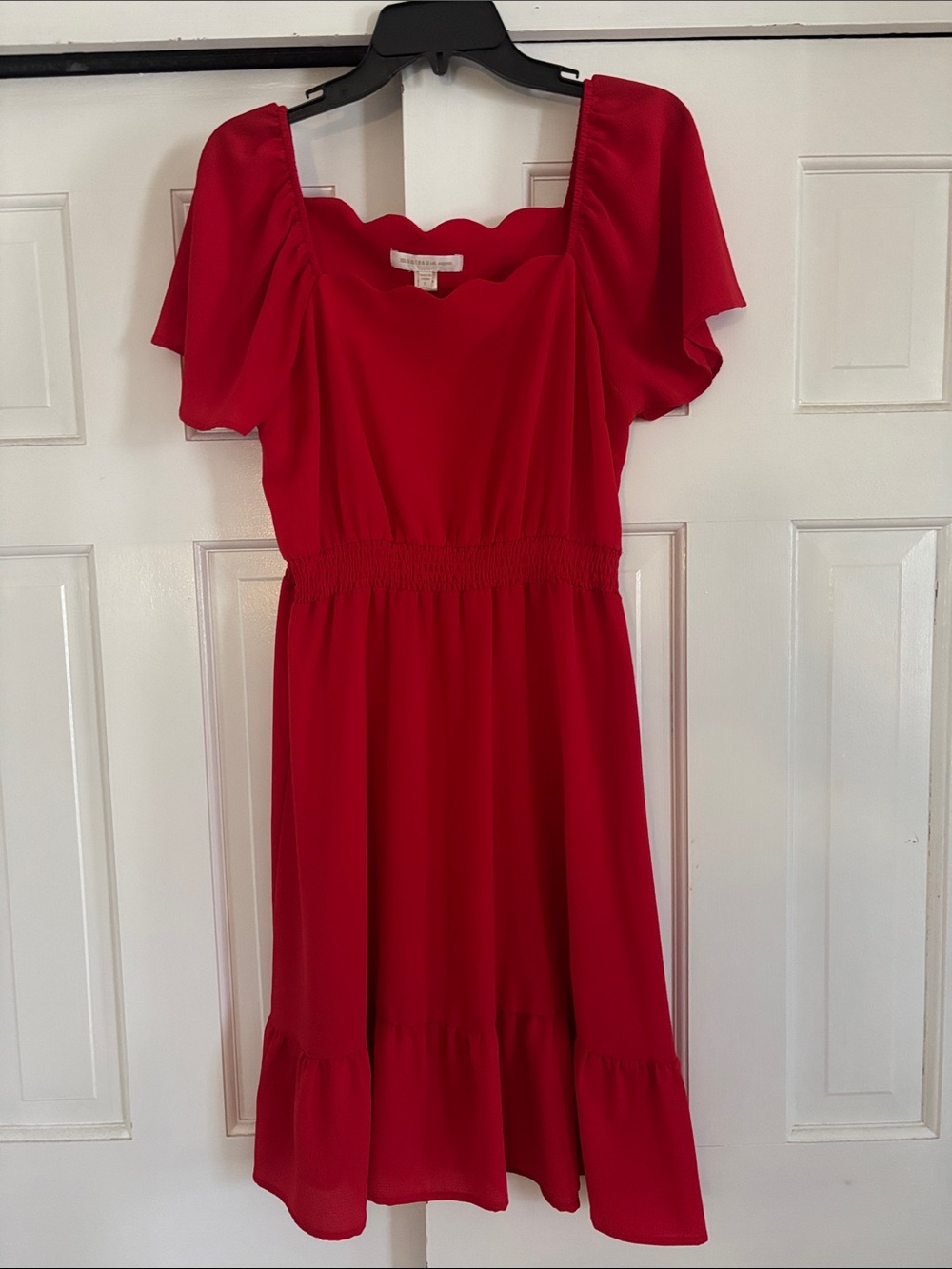 Monteau Bright Red Scallop Neck Dress with Flutter Sleeves